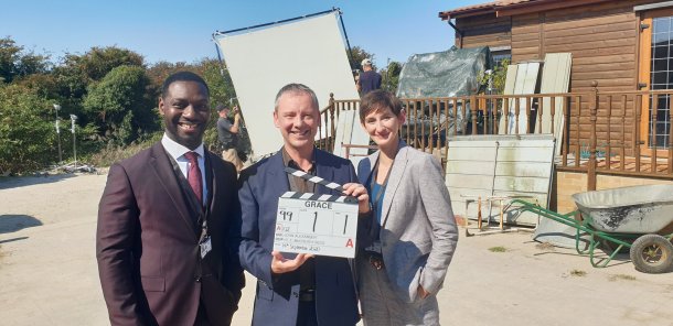 John Simm with co-stars Richie Campbell and Laura Elphinstone