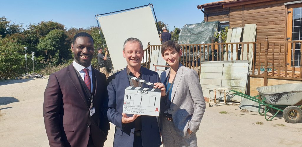 John Simm with co-stars Richie Campbell and Laura Elphinstone