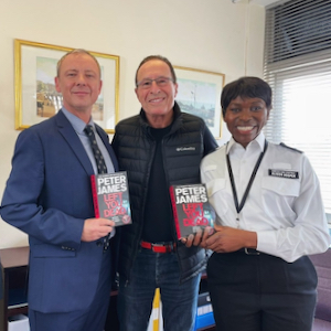 Peter James meetup with John Simm and Rakie Ayola on the Grace&nbsp;Set